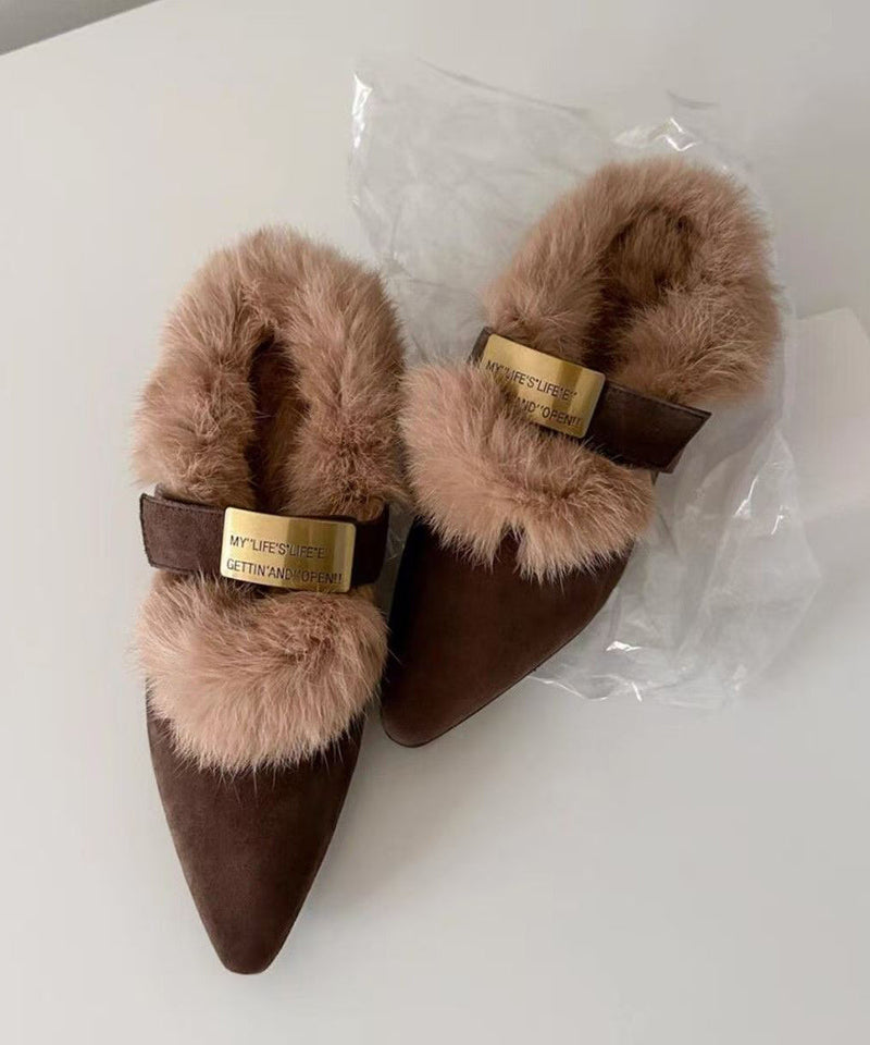 Brown Suede Splicing Chunky Heel Fuzzy Wool Lined Pointed Toe