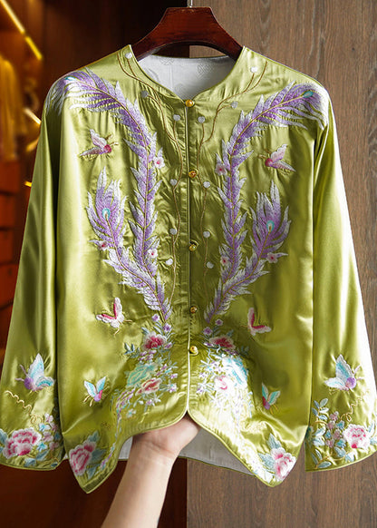 Chinese Style Green Print Patchwork Silk Coat Fall