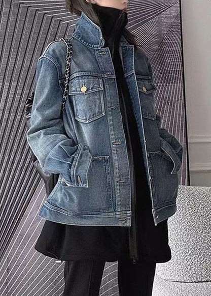 Blue Patchwork Button Denim Coat Long Sleeve Fall