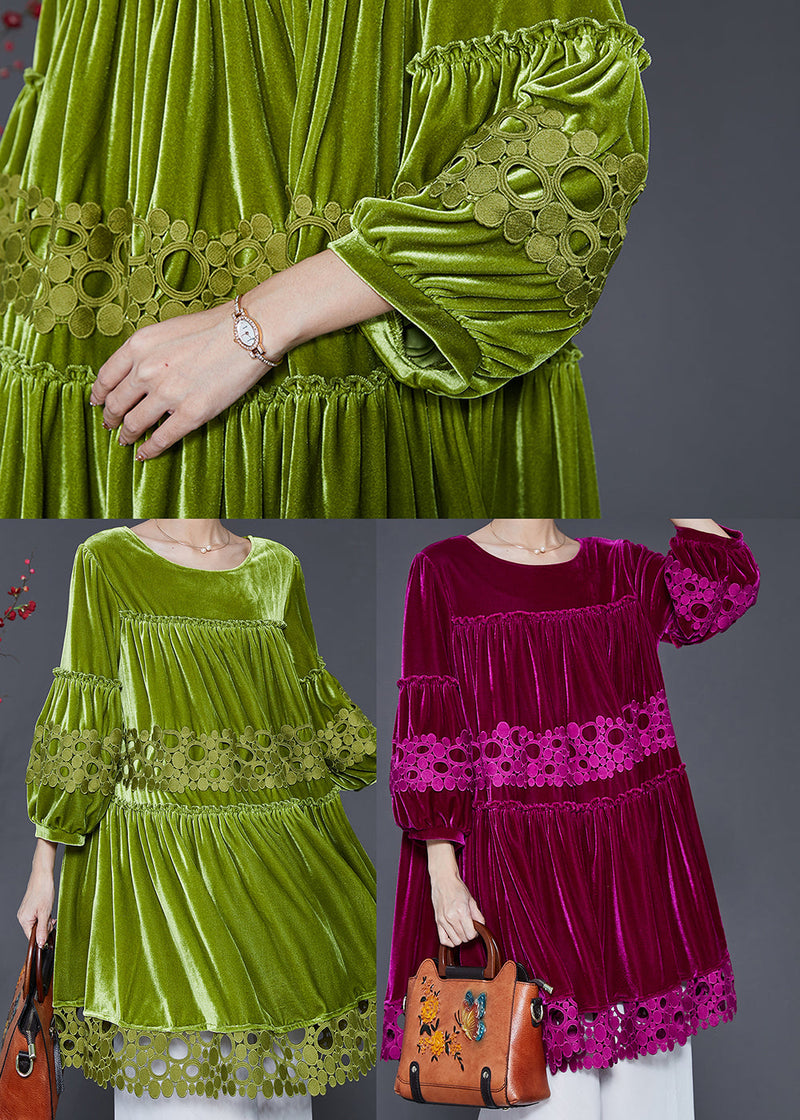 Handmade Grass Green Oversized Patchwork Silk Velour Dresses Spring