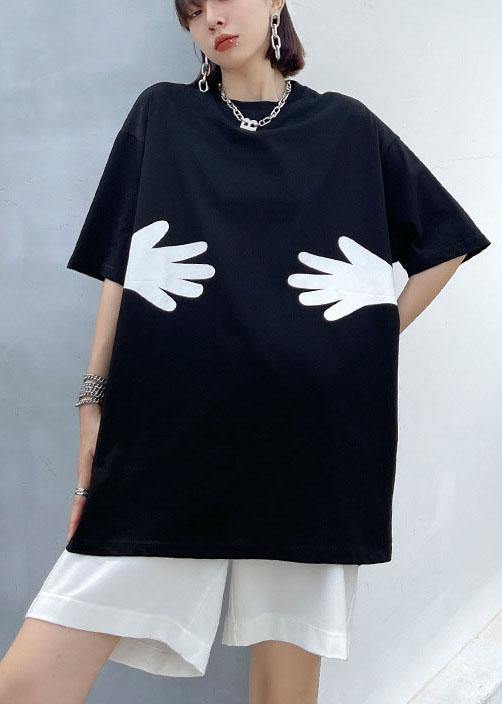Black O Neck Hug Pattern Cotton Tee