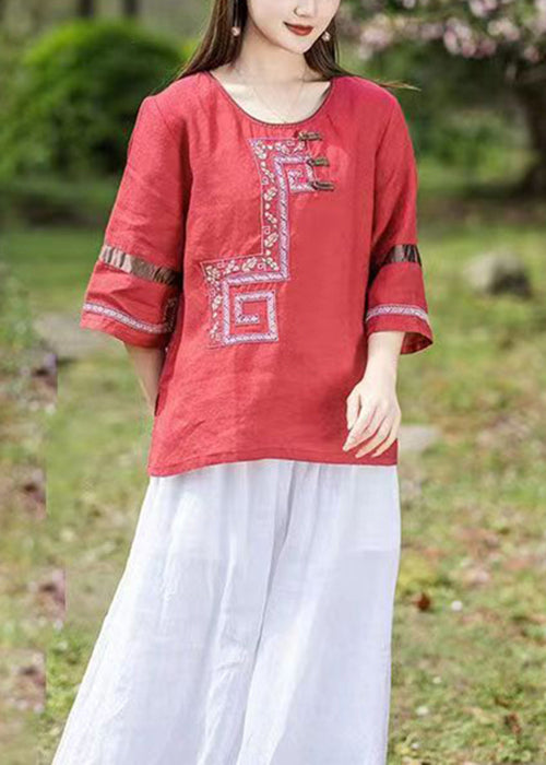 Loose Pink O-neck Embroideried Patchwork Linen T Shirts Bracelet Sleeve