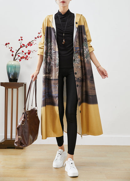 Yellow Hooded Print Cotton Trench Coats Fall