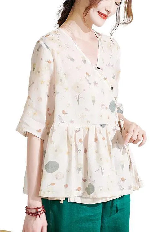 Classy Apricot Print Button Summer Ramie Half Sleeve