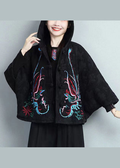 Red Embroidered Chinese Button Hooded Warm Fleece Coat Spring