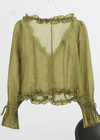 French Green Ruffled V Neck Chiffon Tops Spring