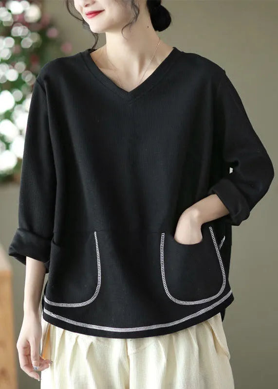 Black V Neck Pockets Patchwork Cotton Sweatshirts Top Long Sleeve