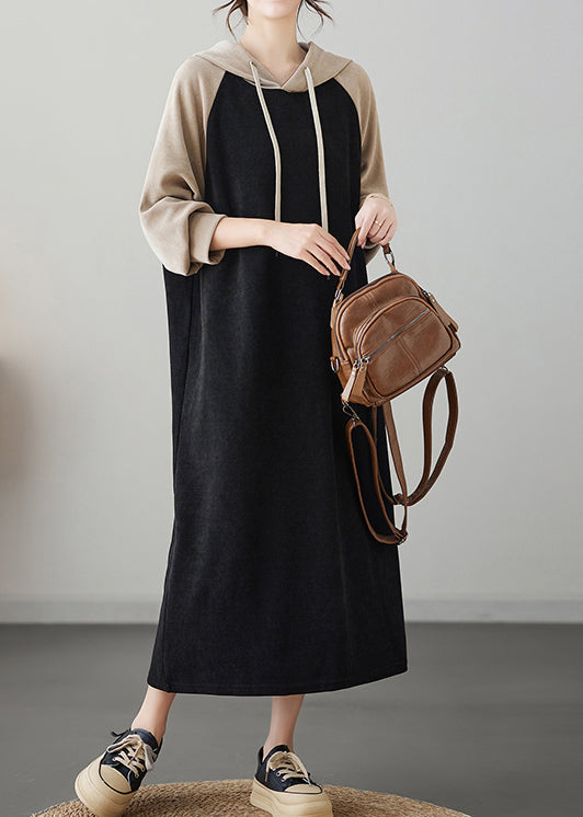 Black Patchwork Cotton Hooded Sweatshirt Dresses Fall