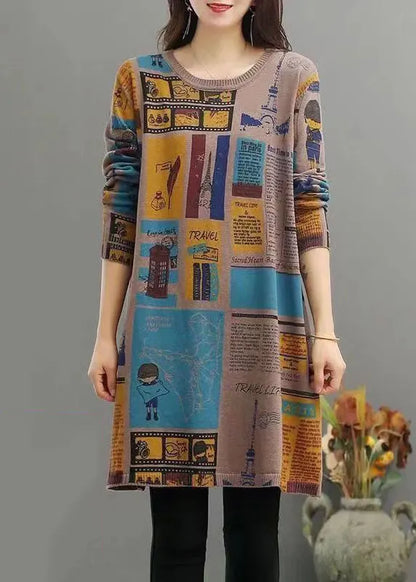 Camel O Neck Print Patchwork Warm Fleece Mid Dress Winter