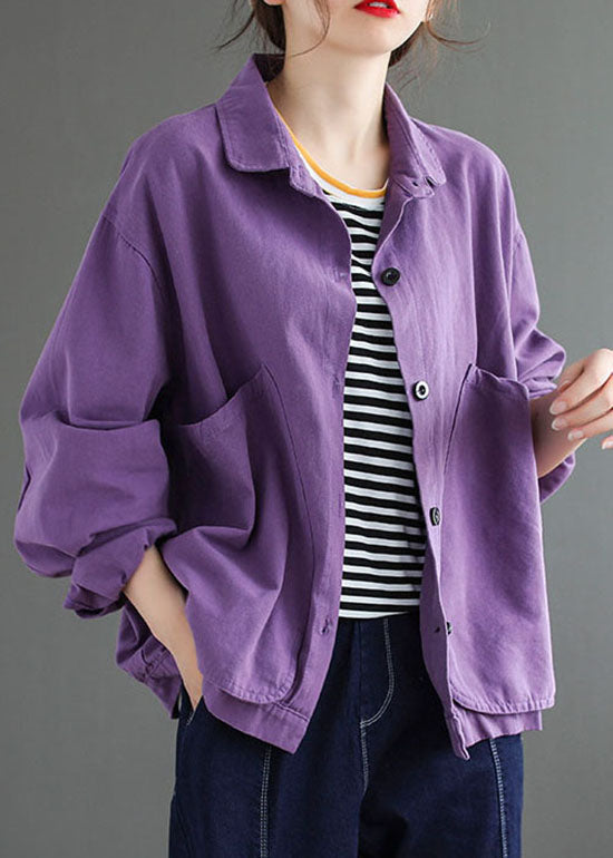 Purple Pockets Patchwork Coats Long Sleeve