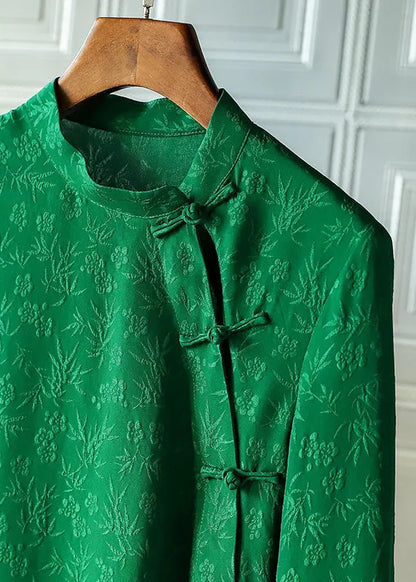 Retro Green Mandarin Collar Button Asymmetrical Design Jacquard Silk Shirts Spring