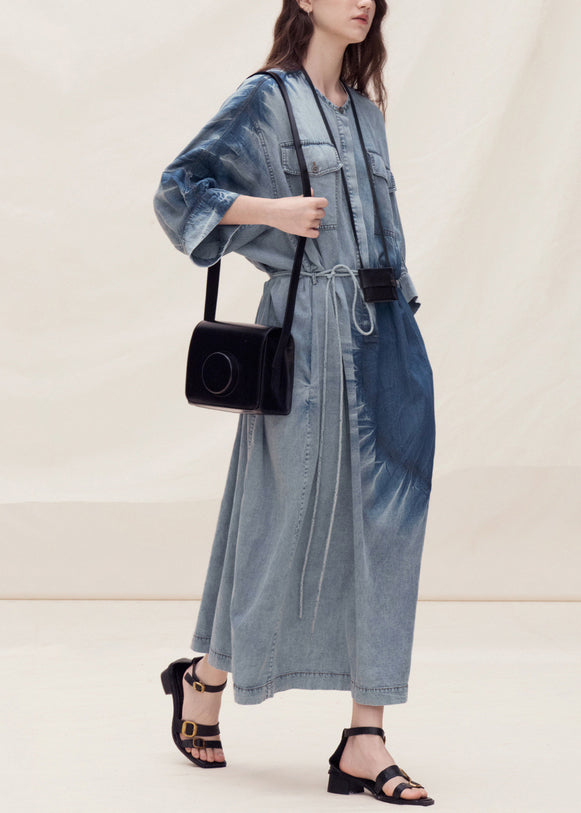 Blue O Neck Tie Dye Denim Dress Summer