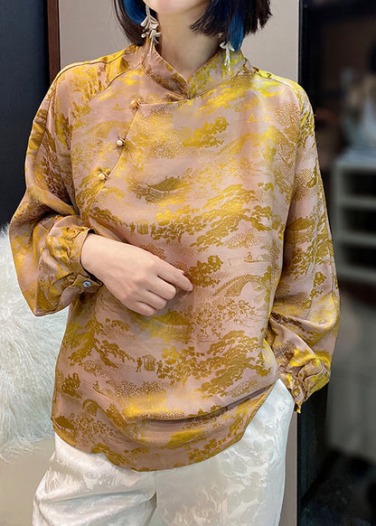 Yellow Mandarin Collar Button Jacquard Silk Top Lantern Sleeve