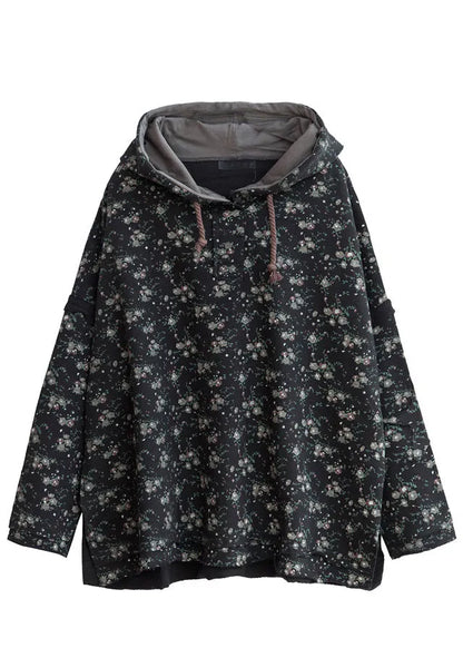 Black Hooded Side Open Cotton Pullover Street Wear Spring