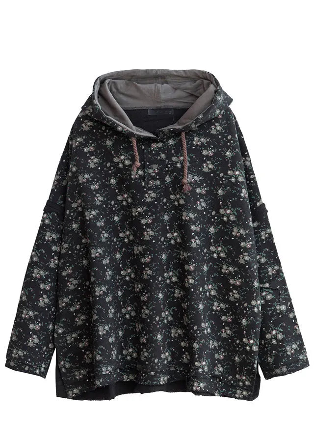 Black Hooded Side Open Cotton Pullover Street Wear Spring