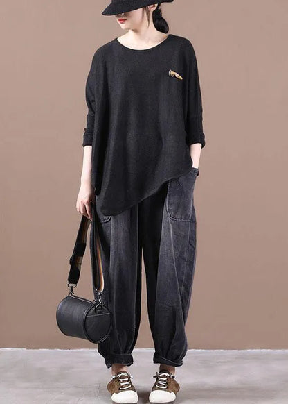 Simple Khaki O-neck Asymmetrical Design Fall Knitted Top