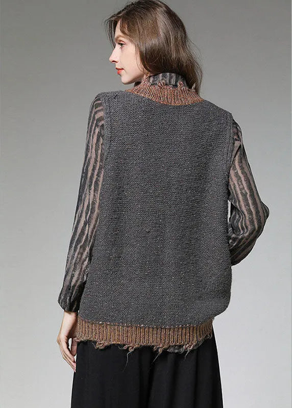 Italian Grey Patchwork V Neck Knit Fall Vest