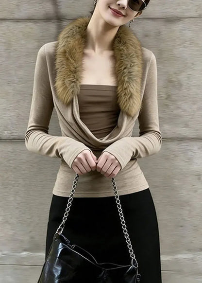 Slim Fit Coffee Fur Collar Patchwork Fake Two-piece Top Spring