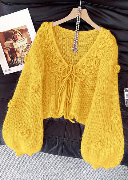 Yellow Lace Up Knit Cardigan V Neck Fall