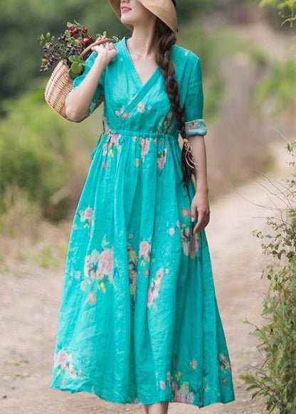 Green Print Robes Patchwork Drawstring Robe Spring Dress