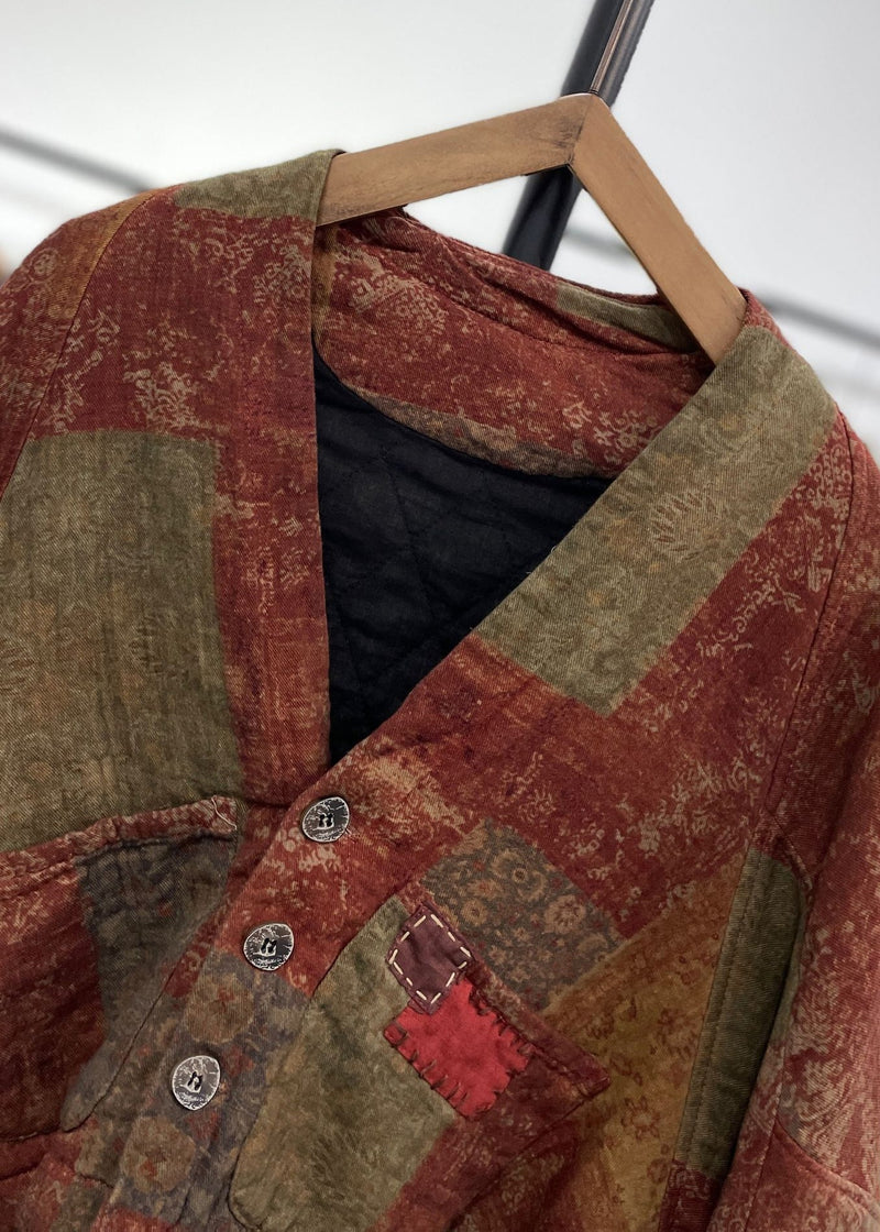 Orange Asymmetrical Pockets Print Cotton Filled Witner Coats