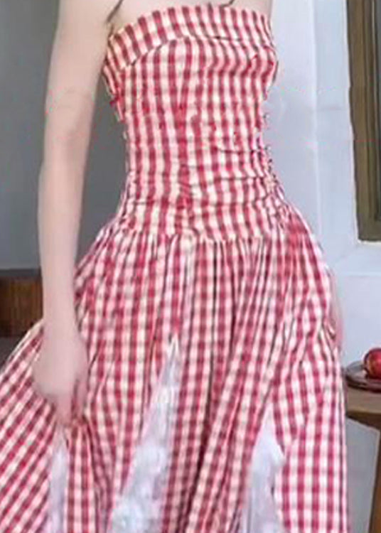 French Red Plaid Lace Patchwork Off the Shoulder Dress Summer