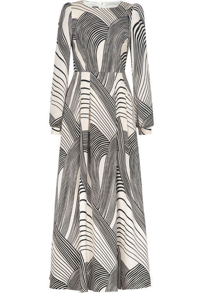 Stylish White O-neck Striped Exra Large Hem Chiffon Cinch Dress Spring