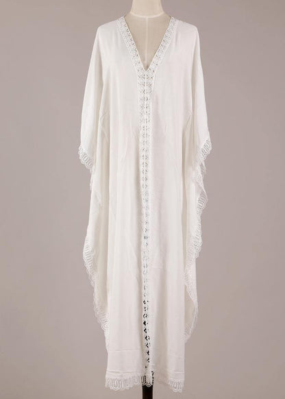 White Patchwork Hollow Outkimono Robe Summer Maxi Dress