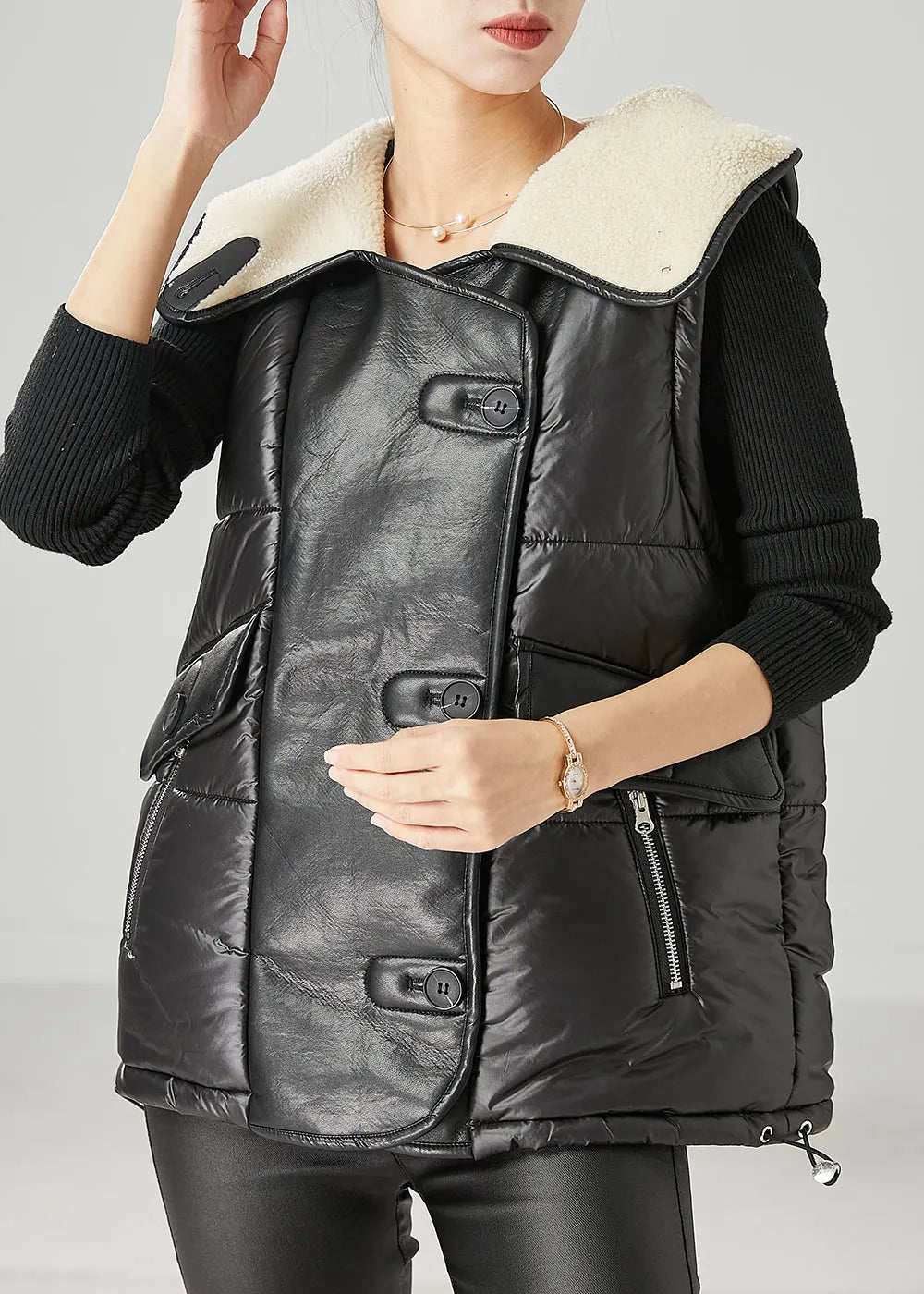 Black Oversized Patchwork Faux Leather Fine Cotton Filled Vests Spring