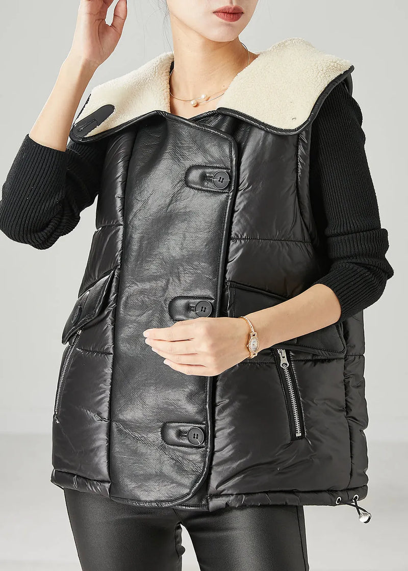 Black Oversized Patchwork Faux Leather Fine Cotton Filled Vests Spring