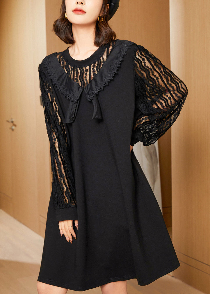 Black Oversized Lace Patchwork Hollow Out Spandex Dress Spring
