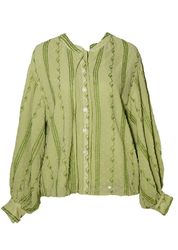 Green Embroideried Lace Up Cotton Shirt Top Spring