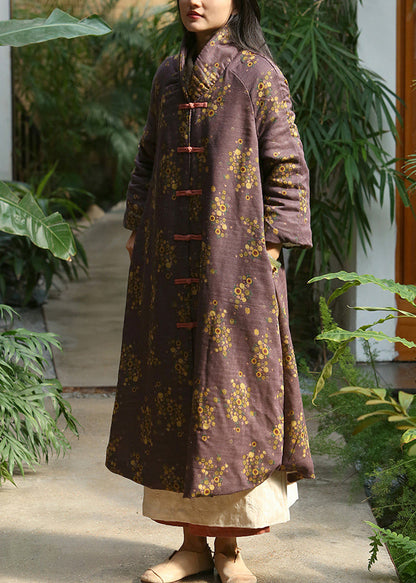 Loose Purple Print Button Pockets Warm Fleece Long Coat Winter