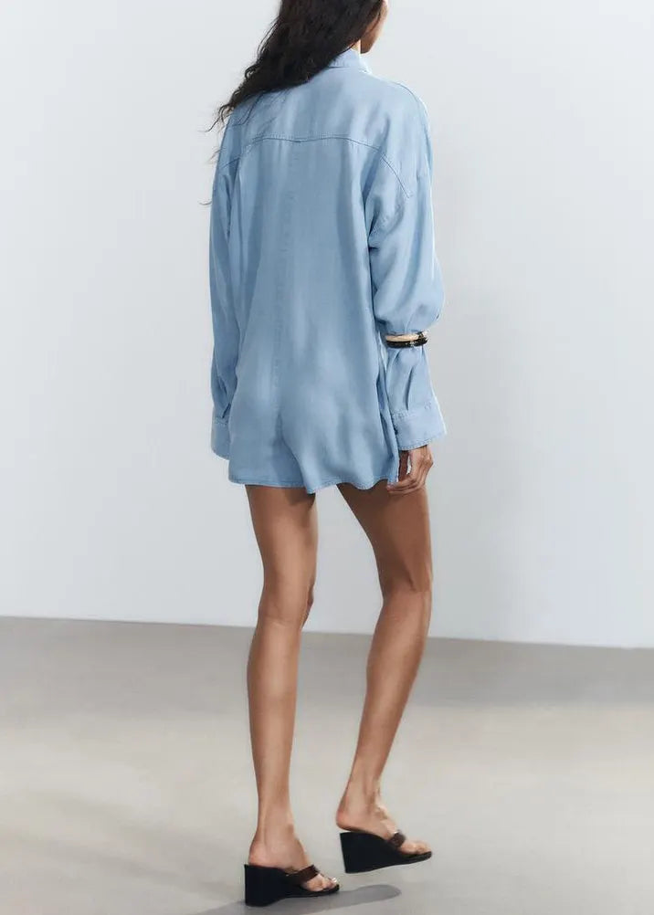 Loose Blue Peter Pan Collar Button Denim Jumpsuit Fall
