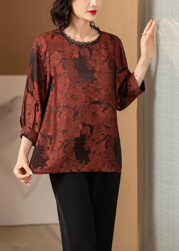 Brick Red O-neck Lace Patchwork Draping Silk Shirt Top Bracelet Sleeve