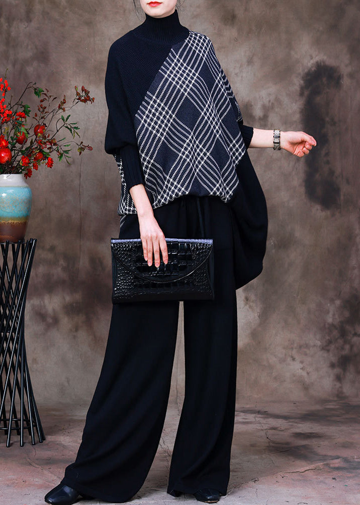 Black Turtleneck Striped Plaid Patchwork Knit Sweaters and Wide Leg Pants Two Piece Set Fall