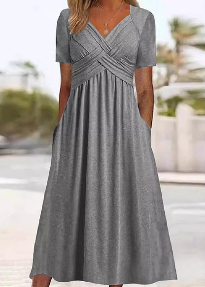 New Green V Neck Pockets Cotton Long Dress Summer
