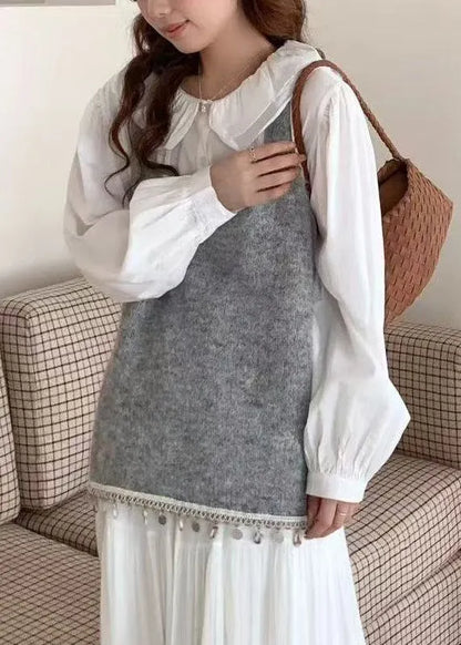 Blue Tasseled Bow Knitted Tops Spring