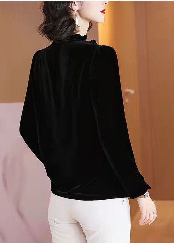 Simple Black V Neck Ruffled Velour Top Long Sleeve