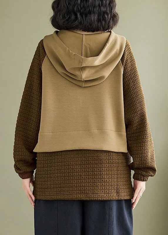 Stylish Coffee Pockets Zippered Patchwork Hooded Pullover Fall