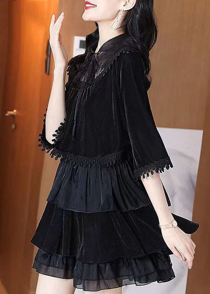 Black Ruffled Tasseled Patchwork Velour Mid Dress Fall
