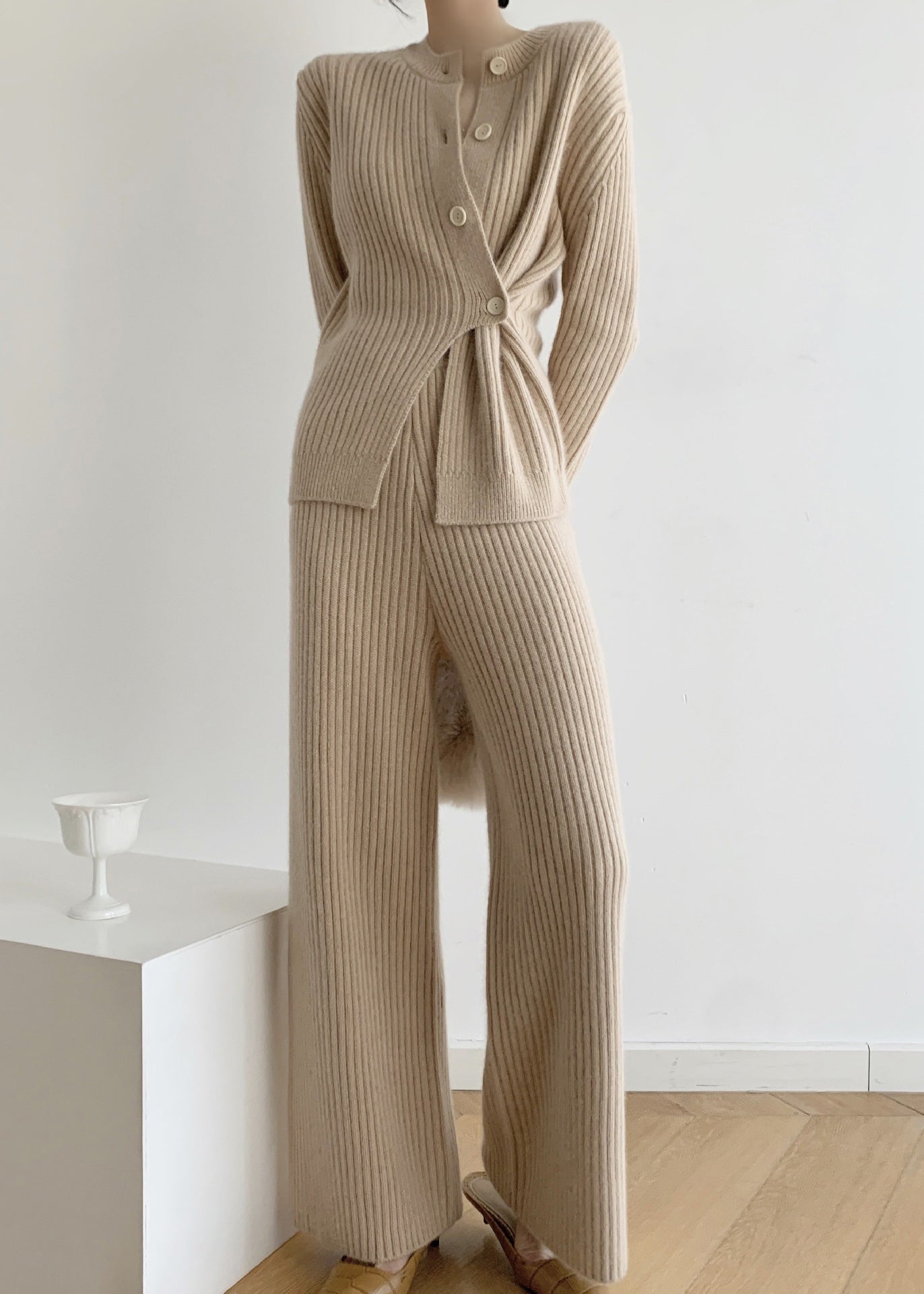 Khaki Asymmetrical Button Patchwork Cotton Knit Two Pieces Set Fall