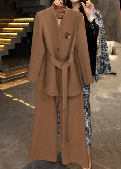 French Caramel Tie Waist Coats and Wide Leg Pants Two Piece Set Winter