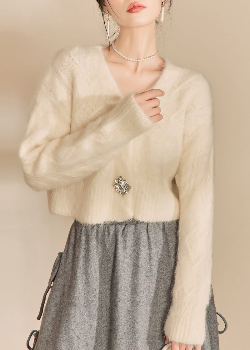 White V Neck Woolen Short Cardigans Fall