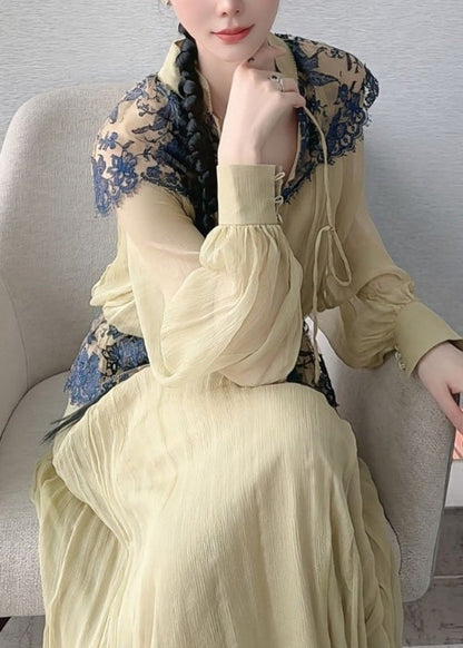 Light Green Lace Patchwork Top and Maxi Skirts Two Piece Set Lantern Sleeve