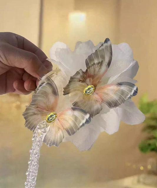 Classy Beige Acrylic Fabric Zircon Butterfly Tassel Hairpin