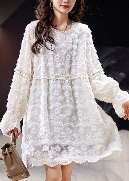 Loose White Embroideried Nail Bead Lace Mid Dress Spring