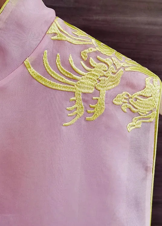 Pink Stand Collar Embroideried Patchwork Silk Vest Sleeveless