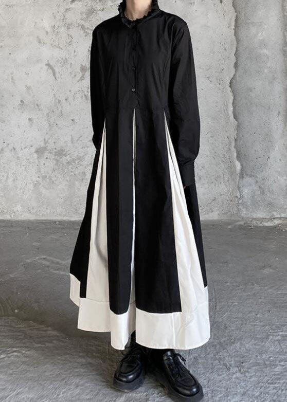 Black Stand Collar Patchwork Exra Large Hem Cotton Shirts Dresses Spring