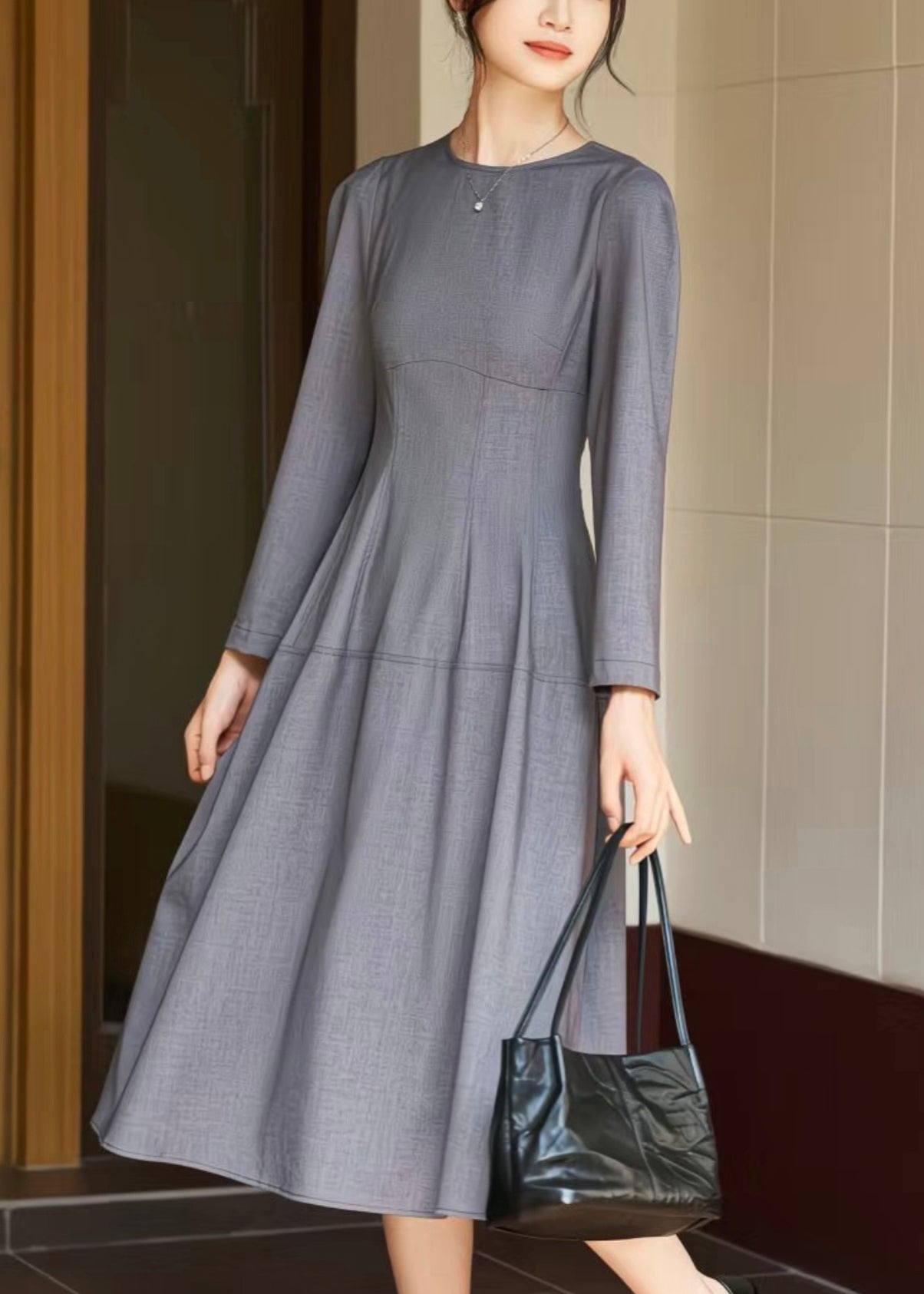 Grey O Neck High Waist Woolen Long Dress Fall